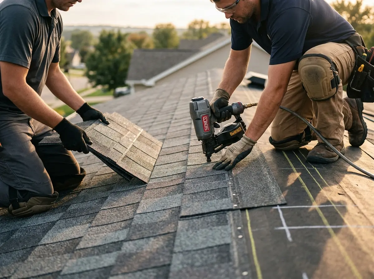 Professional roofer working on a residential roof in Long Lake